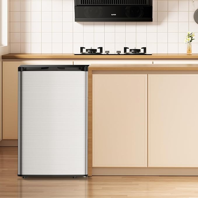 TABU 3.6 Cu Ft Upright Freezer, Freestanding Mini Freezer with 7 Adjustable Thermostat, Compact Freezer with Removable Shelves, Reversible Stainless Steel Door, Silver