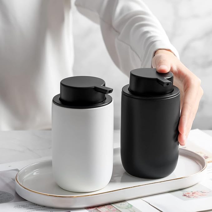 Ceramic Pump Bottle Refillable Lotion Soap Dispenser 12oz Black 2 Pack | Matte - Image 2