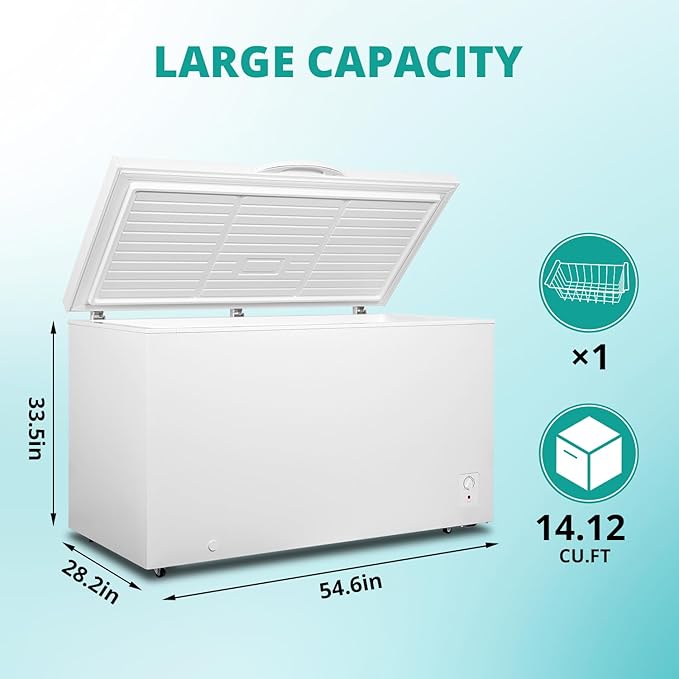 SMETA Deep Freezer 14 Cubic Feet, Chest Freezer Garage Ready, 4 Wheels Large Storage Chest Freezer with 1 Basket, Low Noise, Energy Saving, Thermostat Control for Home, Office, Kitchen, White