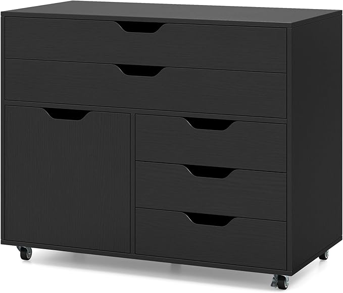 File Cabinet, Black Filing Cabinet w/Universal Wheels, Wood Printer Stand w/Storage, Rolling File Cabinets for Home Office, Living Dining Room (Black, 2 Large Drawers & 3 Small Drawers)