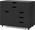 File Cabinet, Black Filing Cabinet w/Universal Wheels, Wood Printer Stand w/Storage, Rolling File Cabinets for Home Office, Living Dining Room (Black, 2 Large Drawers & 3 Small Drawers)