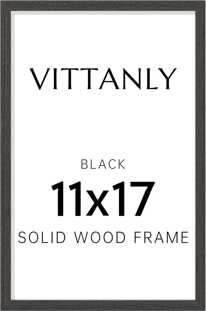 Vittanly 11x17 Picture Frame, Solid Wood Frame with Plexiglass, Includes 8x12 Mat, Wall Hanging for Photos, Home Decor, Black, 1 Pack