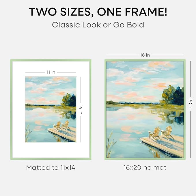 Homeforia 16x20 Sage Green Picture Frame, High End Metal 16x20 Poster Frame with Mat 11x14 inch Photo, 16 x 20 Sage Green Frame Matted to 11 by 14 Art, 20x16 Frame, Tempered Glass, Wall Kit, Set of 2