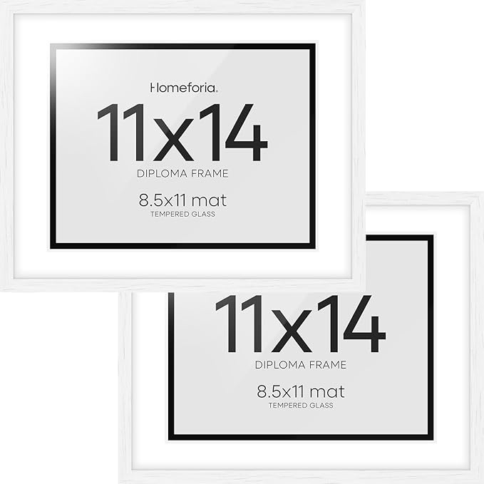 Homeforia 11x14 White Diploma Frame, High End Black Oak 11 x 14 Certificate Wood Frames with Mat 8.5x11, 14x11 Wooden Document Matted Frame, Award Graduation Frames, Tempered Glass, Wall Kit, Set of 2