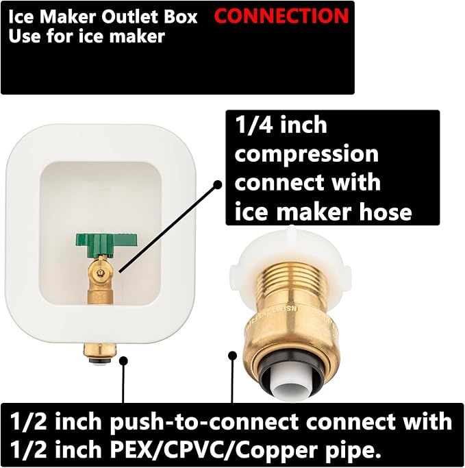 (1 Pack) Lidertik 1/2 inch Push-to-Connect Pre-Assembled Ice Maker Outlet Box Valve 1/4 inch Recessed Refrigerator Water Line Wall Box with Shut Off Valve LI-ZBQH-550-LK