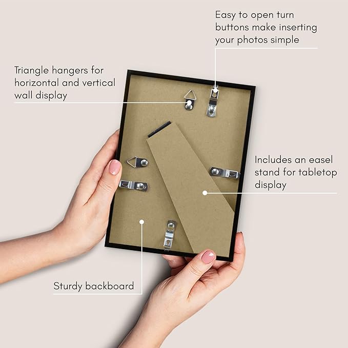 Americanflat 5x7 Picture Frame with Shatter-Resistant Glass - Streamline Collection - Thin Border Photo Frame for Tabletop and Wall Display - Hanging Hardware and Easel Stand Included - Black