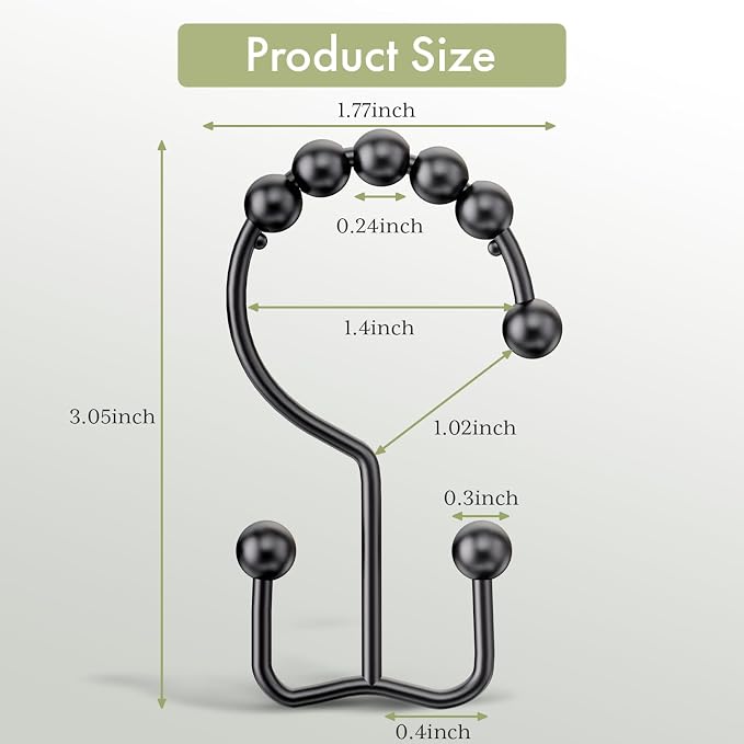 Black Shower Curtain Hooks, Shower Curtain Hooks Rust Proof 12 Pcs Stainless - Image 2