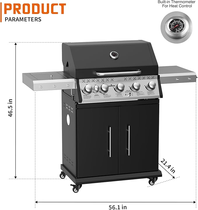 SKOK 5+1 Burners Infrared Grill, Gas Grill with Cast Iron Grates, Outdoor Barbecue Grill 72,000 BTU Output