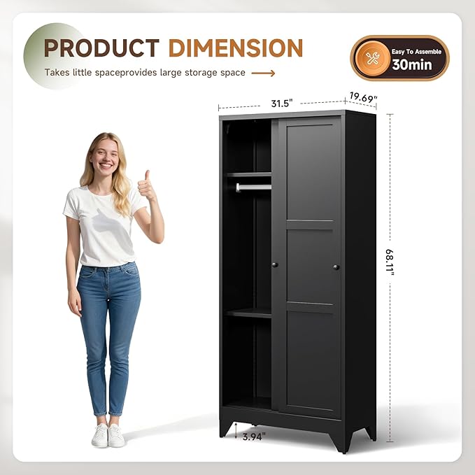 Letaya Metal Sliding Door Wardrobe Cabinets,68" Tall Armoire Wardrobe Closet with Sliding Doors and Shelves,Narrow Slim Coat Closet Cabinet with Hanging Rod,Space Saving for Home (Black)