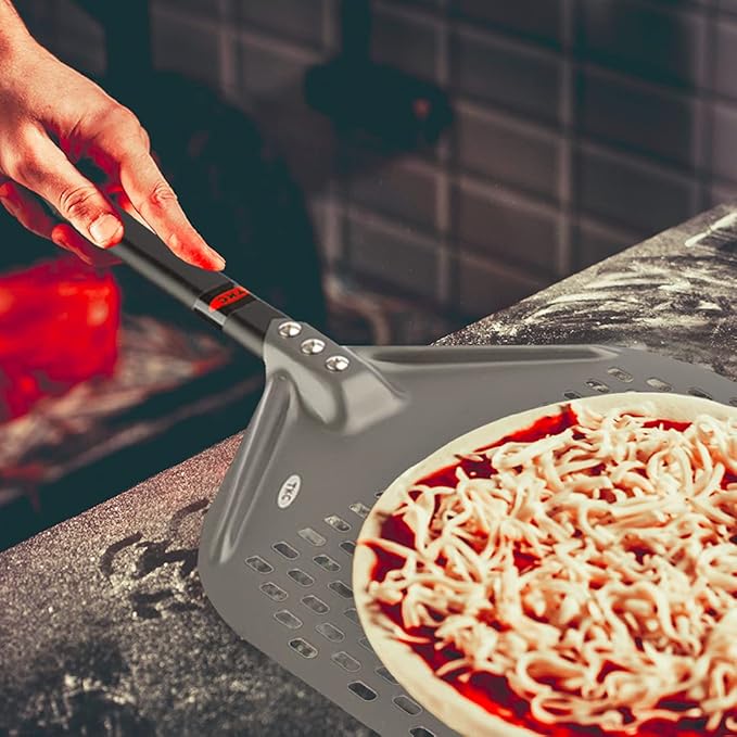 TKC 14" Aluminium Pizza Peel - Durable, Perforated Design for Easy Dough Transfer, Heat-Resistant Handle, Compatible with all Pizza Ovens - Indoor/Outdoor - Lightweight, Non-Stick (Black)