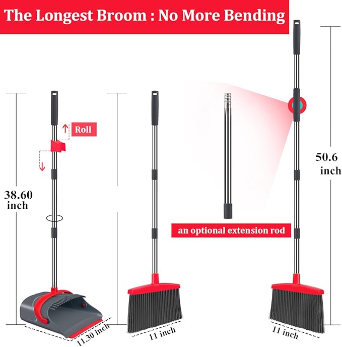 Broom and Dustpan Set,Broom with Dustpan Combo Set Dust pan with Long Handle, for Home Kitchen Room Office Lobby Floor Use Upright Stand Up(Gray&Red)