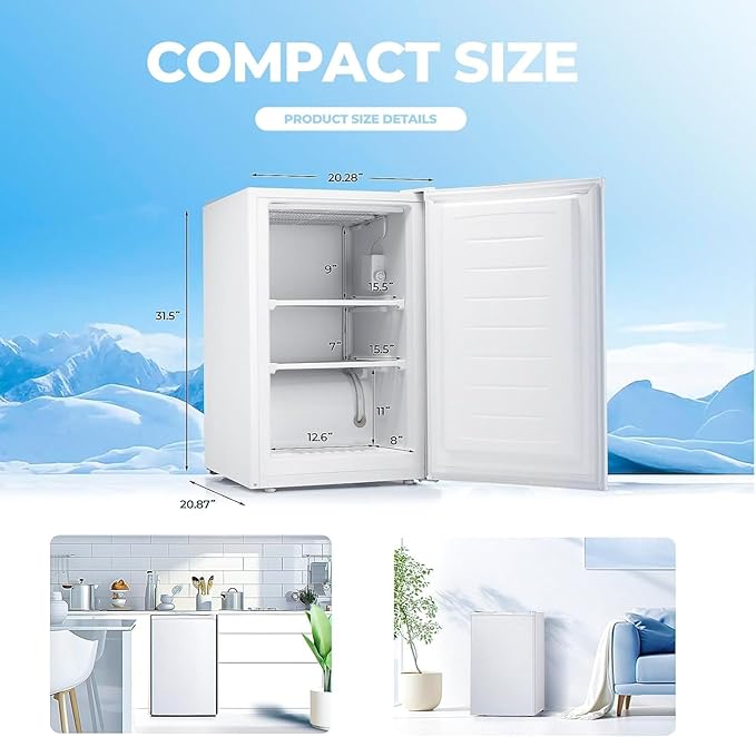 3.2 Cu.ft Small Freezer, Mini Upright Freezer with Adjustable Thermostat, Removable Shelves, Reversible Single Door, for Bedroom/Home/Dorms/Apartment (White)