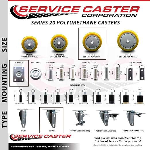 Service Caster Brand Replacement Caster for Uline Caster H-5539S-Swivel Top Plate Caster with 4 Inch Yellow Polyurethane Wheel-Light Duty Replacement Caster-Fit Cart, Dollies and Poly Box Truck H-1956