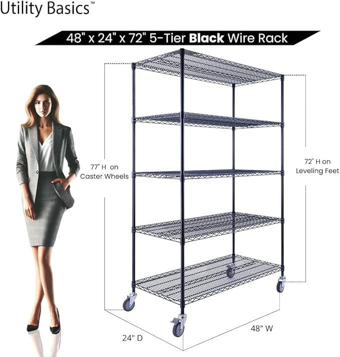 NSF Commercial 5-Tier Wire Shelving with Wheels, 48"x24"x72" Heavy Duty Metal Shelves 4000 lbs Max Capacity, Black Storage Rack for Garage Kitchen Pantry Warehouse