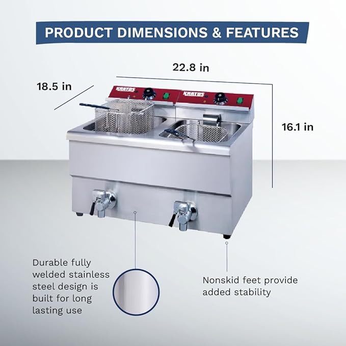 Kratos Commercial Electric Countertop Deep Fryer | Twin Tank Fryer 30 lb. Capacity | With Two Fry Baskets | ETL Certified | 208/240V | Stainless Steel (29Y-016)