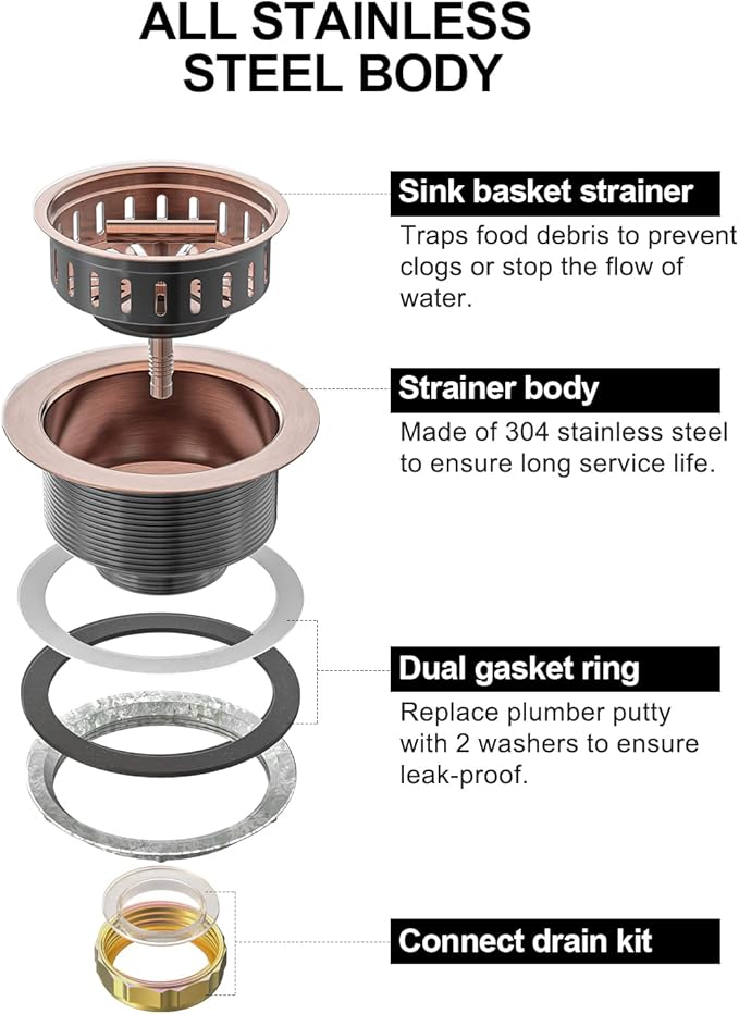 BOTEMY B9171 Copper Kitchen Sink Drain Kit 3 1/2 Sink Strainer for Kitchen Sink with Stainless Steel Strainer Stopper Drain Assembly Basket Strainer Fit Standard Sink Drain Hole(Antique Copper)