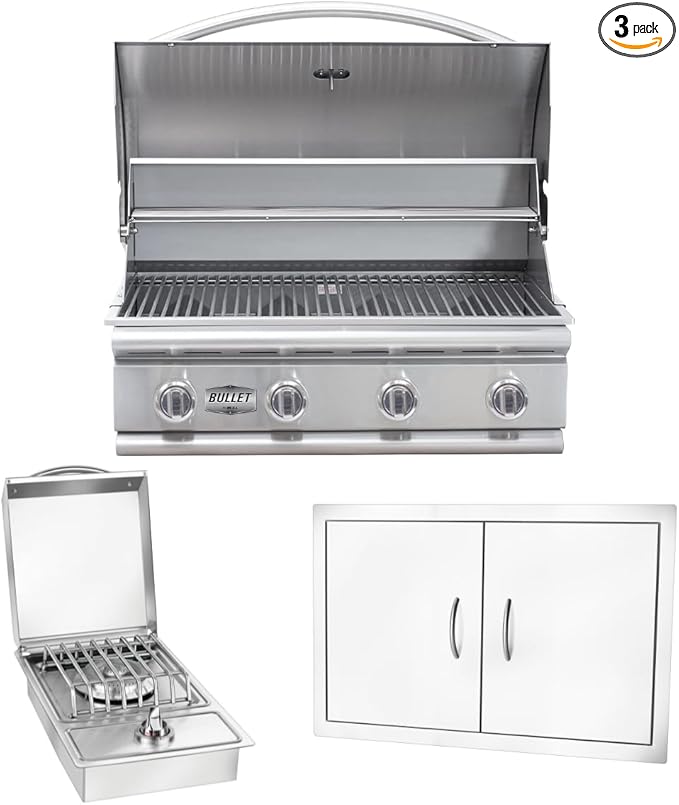 Bullet by Bull Stainless Steel Outdoor Kitchen Set - Built-In Liquid Propane Grill, Perfect for Entertaining -BBQ Kitchen Isl& Bundle - Includes 4 Burner Grill, Double Access Door & Side Burner