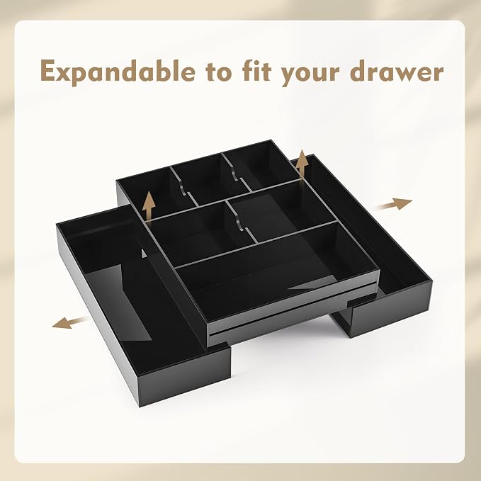 Briwooody Black Acrylic Drawer Organizer Expandable, 8 Compartments, Large | - Image 4