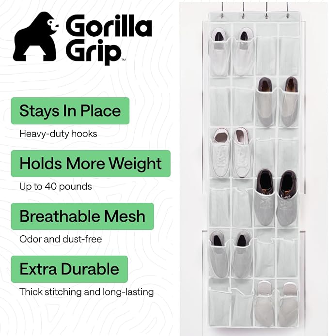 GORILLA GRIP Over the Door Shoe Organizer, 24 Large Pockets, Space Saving - Image 2