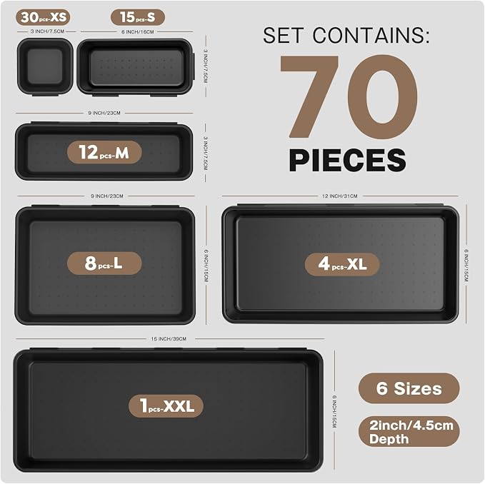 A-LUGEI【70】【6 Size】Tool Box Organizer Tray Divider Set, 【Black】 Desk Drawer - Image 3