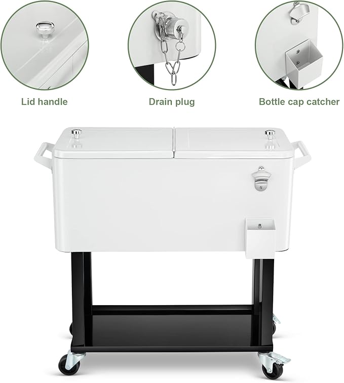 EDOSTORY 80 Quart Rolling Ice Chest Cooler Cart,Patio Backyard Party Drink Beverage Bar Stand Up Cooler Trolley with Ice Scoop