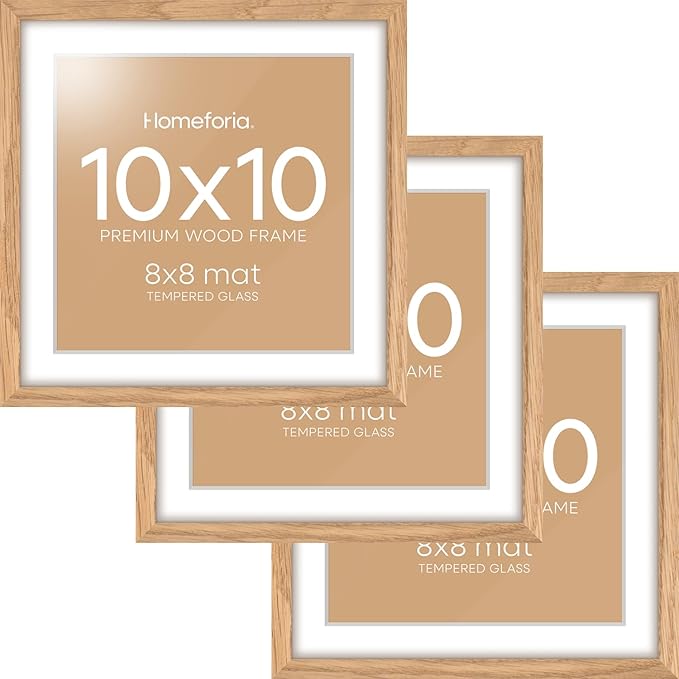 Homeforia 10x10 Picture Frame Wood, High-End Natural Oak 10 x 10 Thin Square Poster Frames with Mat 8 by 8 inch Photo, 10by10 Light Wooden Frame Matted to 8x8 Print, Tempered Glass, Wall Kit, Set of 3