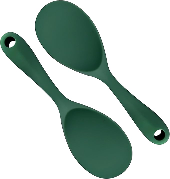 2PCS 8.8 Inch Silicone Rice Paddle Spoon, Dark Green Non Stick Rice Spatula, Heat Resistant Rice Cooker Spoon for Rice, Salads, Mashed Potato