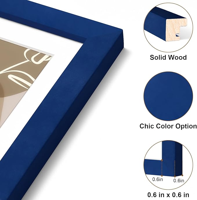 Vittanly 5x7 Picture Frame, Solid Wood Frame with Plexiglass, Includes 4x6 Mat, Wall Hanging or Tabletop for Home Decor, Royal Blue, 1 Pack