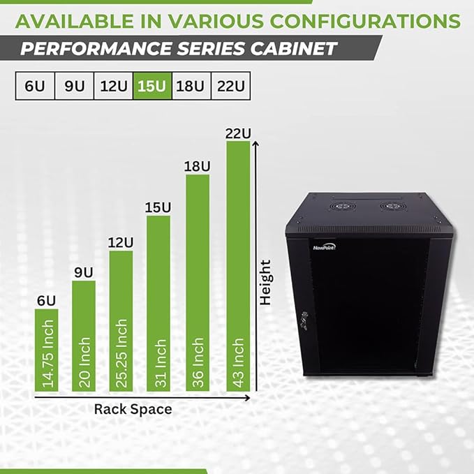 NavePoint 15U Server Cabinet Wall Mount Rack Enclosure with Caster Wheels, Includes 2 Fans, Locking Glass Door, Removable Side Panels – 15U Network Cabinet 17.7” Deep, 19”Server Rack for IT Equipment