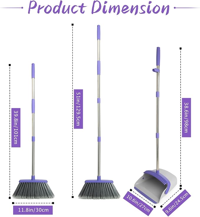 Broom and Dustpan Set with 51" Adjustable Long Handle-Gray Purple | Long Handle - Image 2