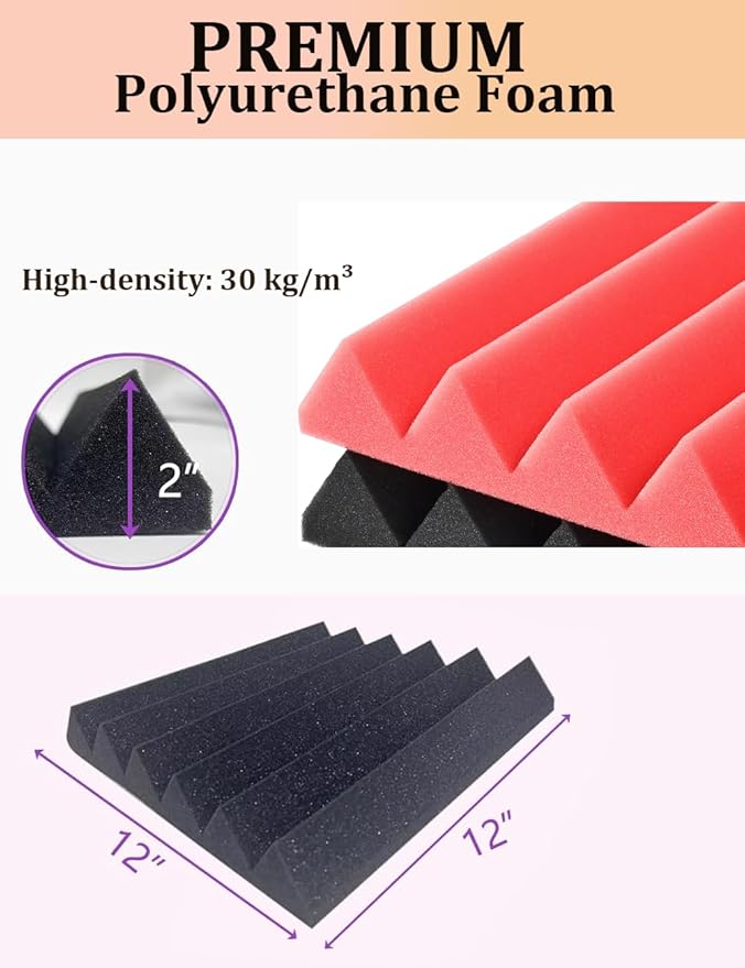 Acoustic Foams Panels 24 Pack 2" x 12"x 12" Sound Proof Foam Panels for Walls High Density and Fire Resistant Soundproofing Panels Soundproof Studio Wedges Sound Dampening Panels