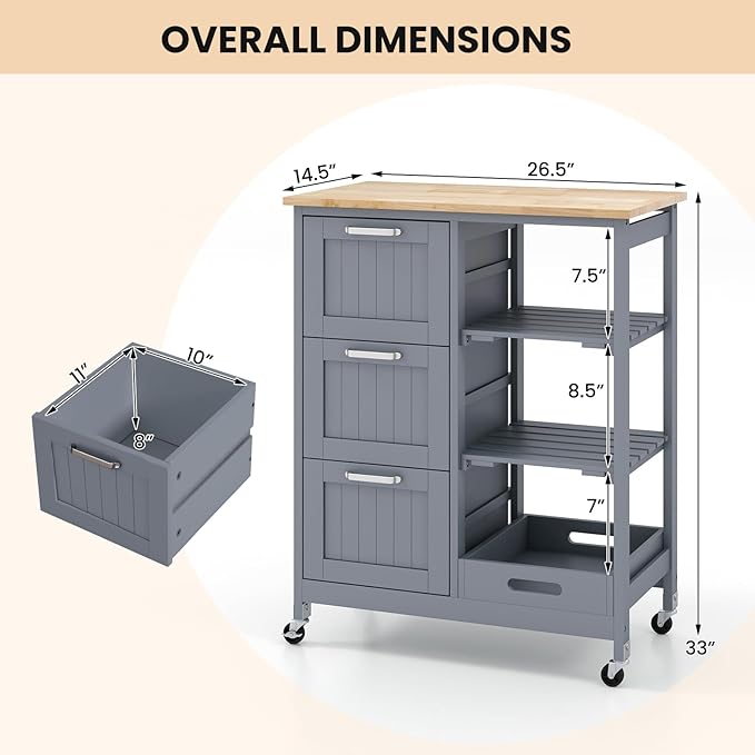 Giantex Kitchen Island Cart on Wheels, Rolling Utility Cart w/Rubber Wood Top, 3 Storage Drawers & 2 Removable Shelves & Removable Tray, Lockable Casters, Serving Cart for Dining Room, Bar, Grey