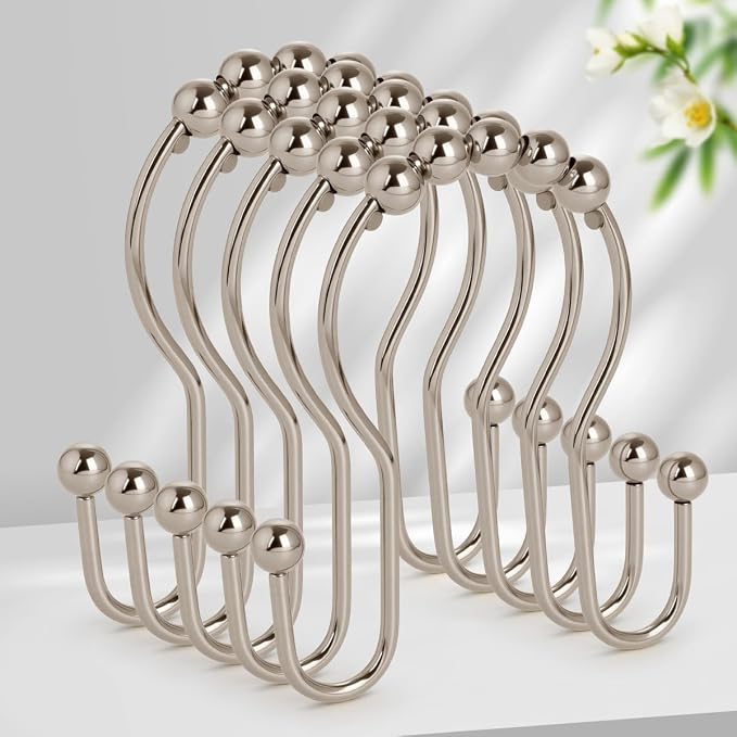 Resze Double Shower Curtain Hooks, Sturdy Metal Nickel Shower Curtain Rings by Resze