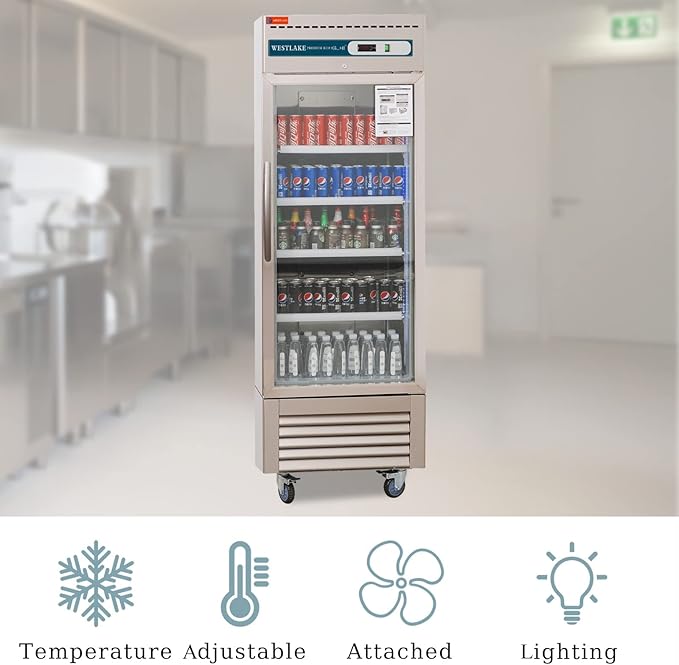 WESTLAKE 27" W Commercial Display Refrigerator Glass door Merchandiser Stainless Steel Reach-in Upriht Fan Cooling 23 Cu.ft Cooler for Restaurant, Bar, Shop, etc