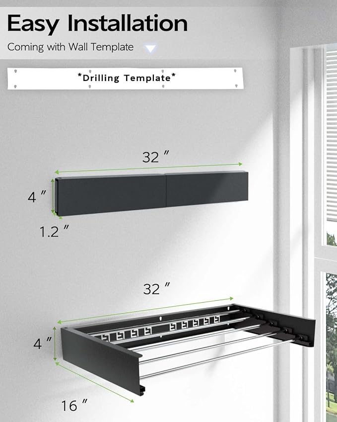 Vikaqi Wall Mounted Clothes Drying Rack 32", Foldable Wall Mount Laundry Rack - Image 6