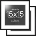 Homeforia 15x15 Black Wood Frame, High End Oak 15 x 15 Square Picture Frames with Mat 11 by 11 inches Photo, 15by15 Black Wooden Poster Frames Matted to 11x11 Print, Tempered Glass, Wall Kit, Set of 2