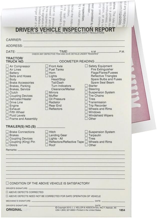 Detailed Driver's Vehicle Inspection Report 10-pk. - Book Format with 31 Sets, 2-Ply Carbonless, 5.5" x 8.5", Meet FMCSR Requirements, J. J. Keller & Associates, Inc.
