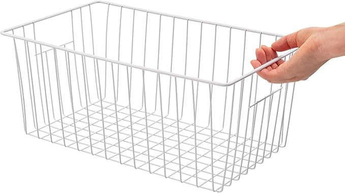 Freezer Baskets Organizer, Refrigerator Metal Wire Storage Divider, Household Container Bins with Handles for Kitchen, Pantry, Cabinet, Closets - Pearl White (6, 16in x 10in x 5.5in)