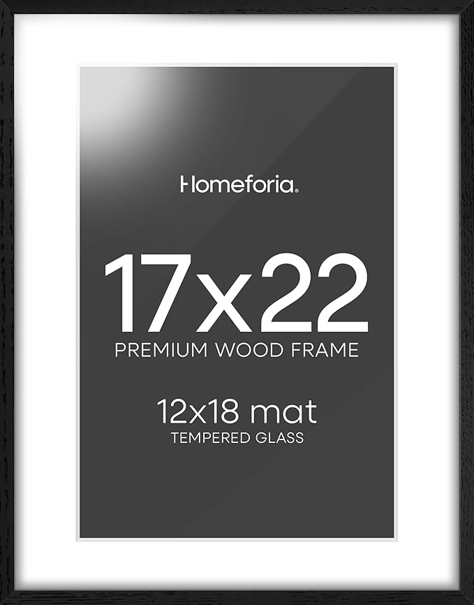 Homeforia 17x22 Picture Frame Black Wood, High End Oak 17x22 Poster Frames with Mat 12x18 Photo, 17 x 22 Wooden Frame Matted to 12 by 18 Print, 22x17 Hanging Frames, Tempered Glass, Wall Kit, Set of 1