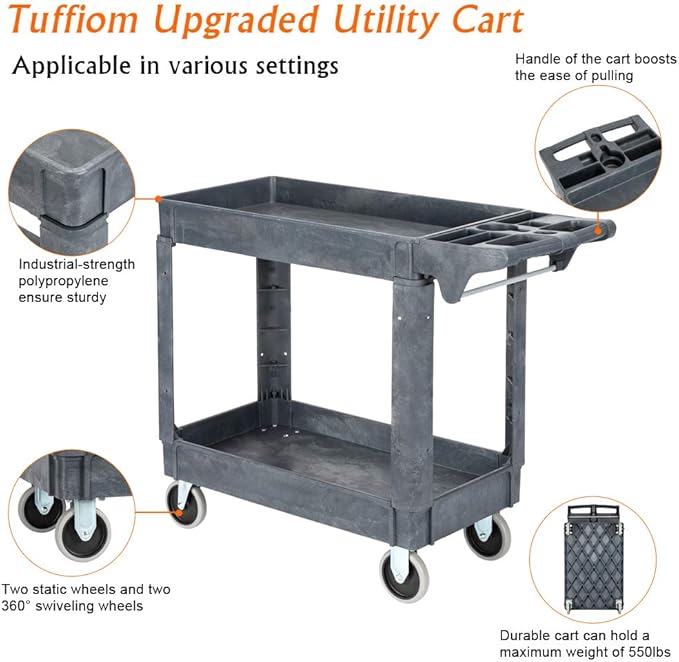 TUFFIOM Plastic Service Utility Cart with Wheels,550lbs Capacity,Heavy Duty Tub Storage Cart W/Deep Shelves, Multipurpose Rolling 2-Tier Mobile Storage Organizer, for Warehouse Garage Industrial Cart