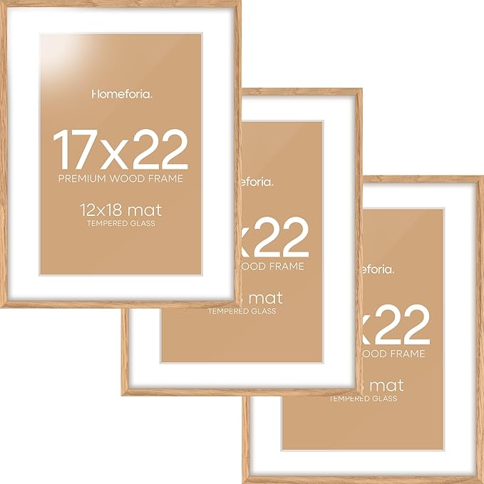 Homeforia 17x22 Picture Frame Natural Wood, High End Oak 17x22 Light Wooden Poster Frame with Mat 12x18, 17 x 22 Frames Matted to 12 x 18 Photo, 22x17 Hanging Frame, Tempered Glass, Wall Kit, Set of 3