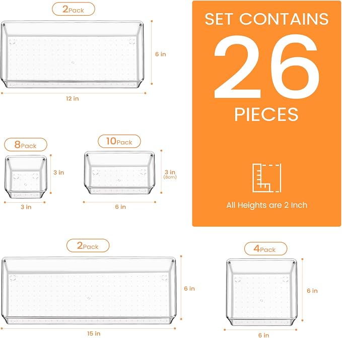Drawer Organizer, 26 Pack Clear Plastic Drawer Organizer Bins, Versatile - Image 2