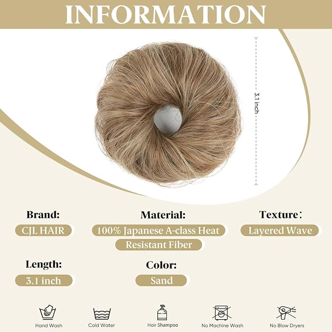 CJL HAIR 2PCs Small Cute Messy Bun Hair Piece for Thin Hair Women Mini Synthetic Curly Bun Scrunchies Updo Hairpieces Sand