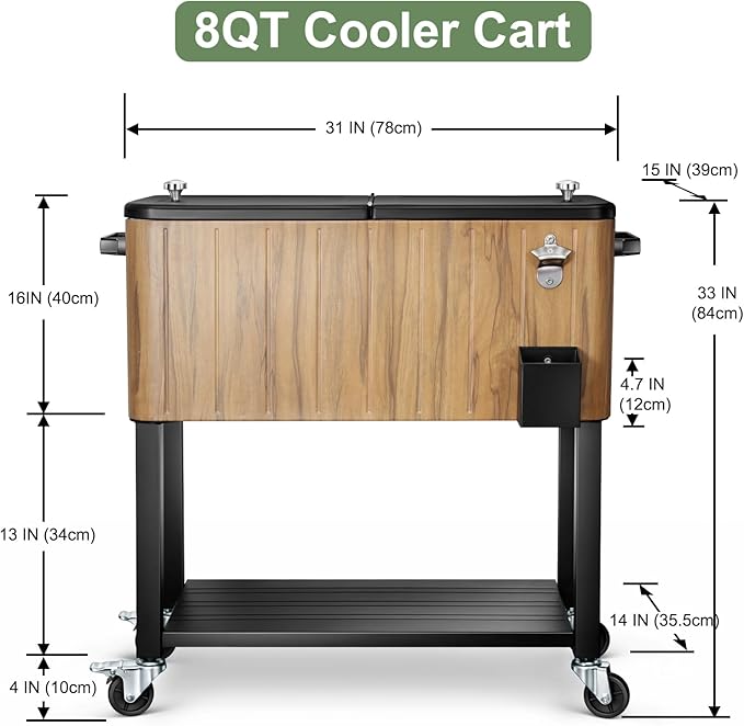 EDOSTORY 80 Quart Rolling Ice Chest Cooler Cart,Patio Backyard Party Drink Beverage Bar Stand Up Cooler Trolley with Ice Scoop
