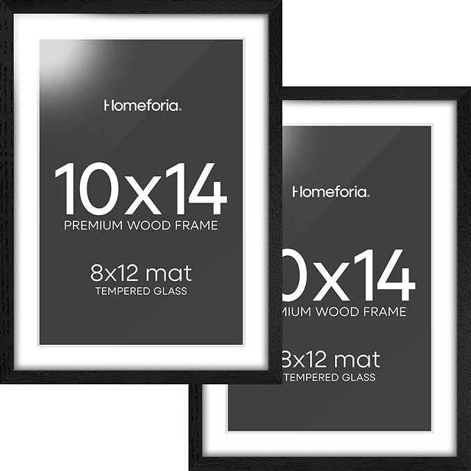 Homeforia 10x14 Picture Frame Black Wood, High End Oak 10x14 Poster Frames with Mat 8x12, 10 x 14 Wooden Frame Matted to 8 x 12 inch Photo, 14x10 Thin Hanging Frame, Tempered Glass, Wall Kit, Set of 2