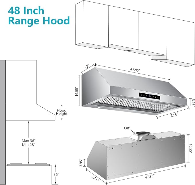 48 inch Range Hood Under Cabinet1500 CFM with 4-Speed Gesture Sensing & Touch Control, Stainless Steel Kitchen Stove Vent Hoods with 4 LED lights, Time Setting, Dishwasher-Safe Baffle Filters