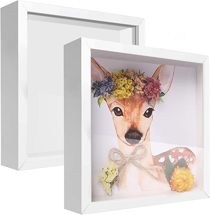 5x5 Small Shadow Box Frame Display Case, Wood with Plexiglass, Display Case Box for Memorabilia, Medal, Crafts,Tickets and Photos, Picture Frame for Wall and Tabletop (2pcs-White, 5x5)