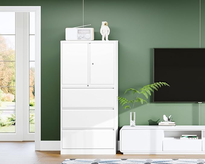 Letaya 3 Drawer Metal Storage Cabinets for Home Office,File Cabinet with Lock and 2 Adjust Shelves-Hang Filing Legal/Letter/A4/F4 Size（White）