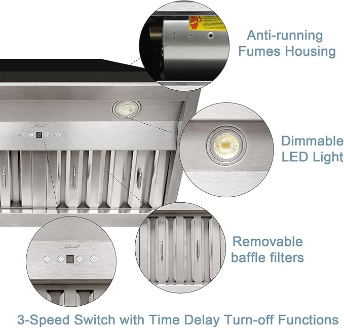 Akicon 36 Inch Range Hood Insert with 3 Speed, Ultra Quiet Stainless Steel Ducted Insert/Built-in Kitchen Vent Hood with Powerful Suction, Dimmable LED Lights and Dishwasher Safe Filters, 600 CFM