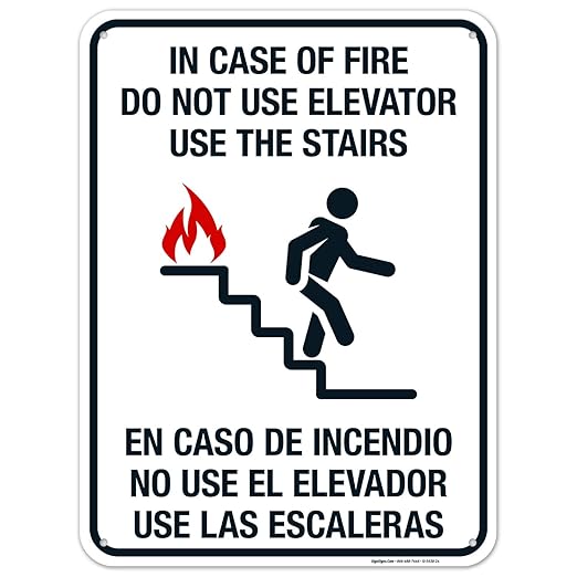 in Case of Fire Do Not Use Elevator Use The Stairs Bilingual Sign, Fire Safety Sign, 18x24 Inches, 55 mil Thick HDPE (high Density polyethylene), Made in USA